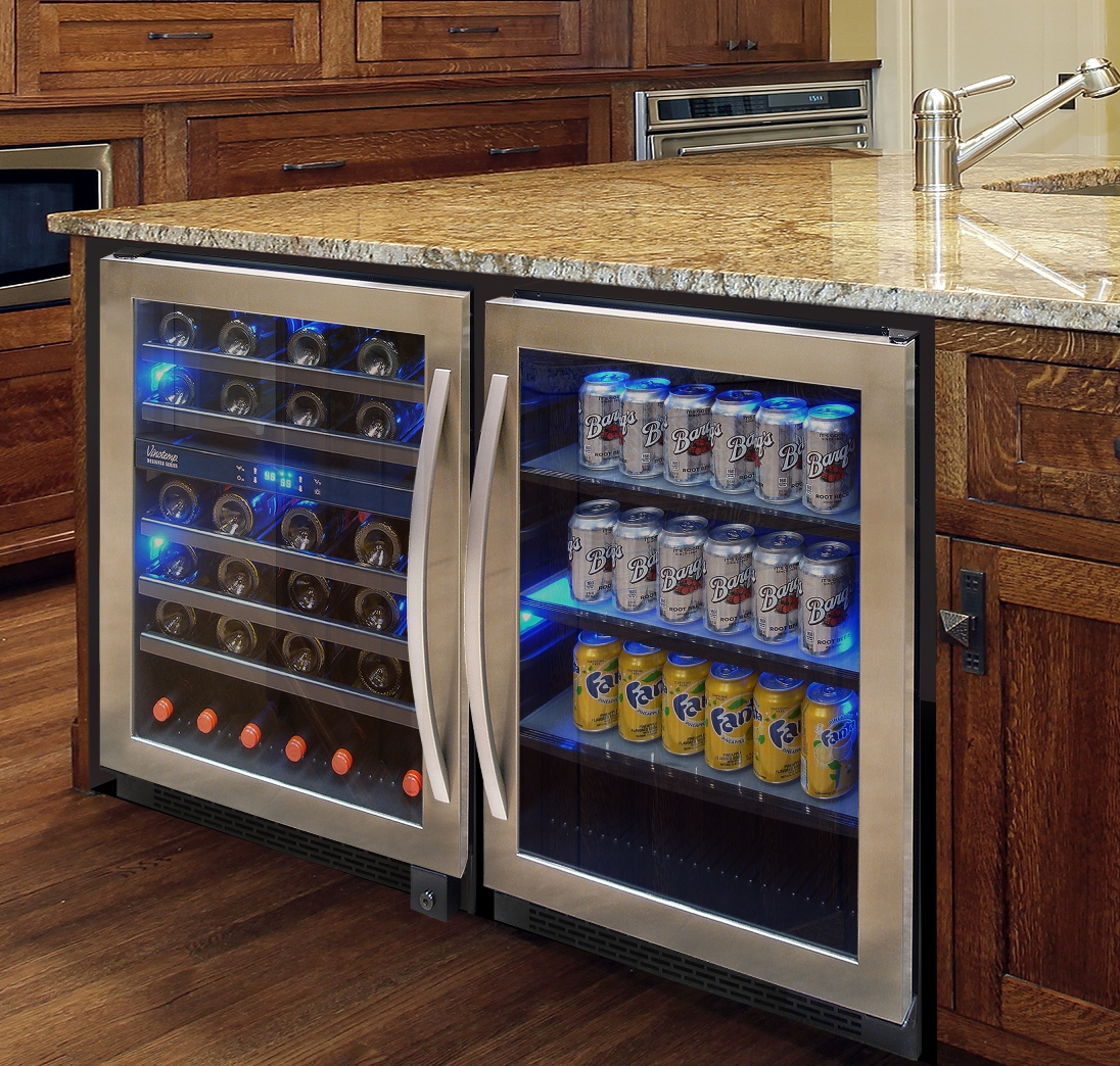 Vinotemp's Designer Series 46-Bottle Seamless Wine Cooler (above) and Designer Series 161-Can Beverage Cooler (below) shown with new, standard features.